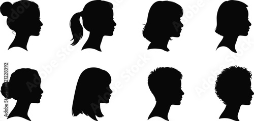 Collection of female head profile silhouettes with different hairstyles isolated on white background, beauty fashion character illustration set