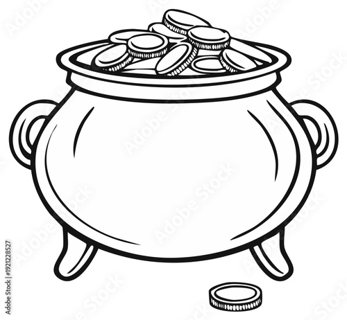 A black and white outline illustration of a pot of gold coins, classic symbol for Saint Patrick's Day celebrations.