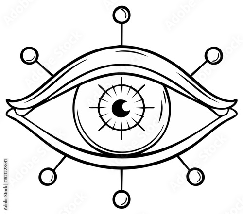 Mystical eye with radiating orbs, simple line art drawing, magical symbolism, cosmic element, spiritual design for tattoo