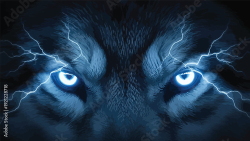 Close-up of a wolf's eyes with blue lightning bolts against a dark background, conveying an intense and ominous mood.