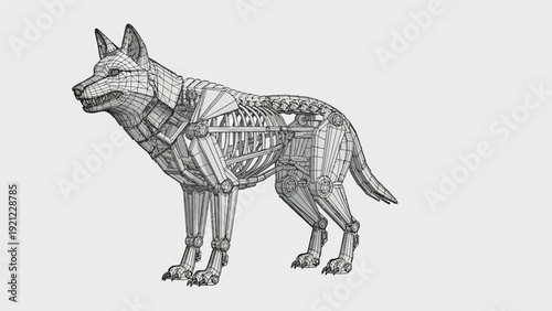 Wireframe illustration of a German Shepherd dog standing on a plain gray background with a technical and futuristic mood.