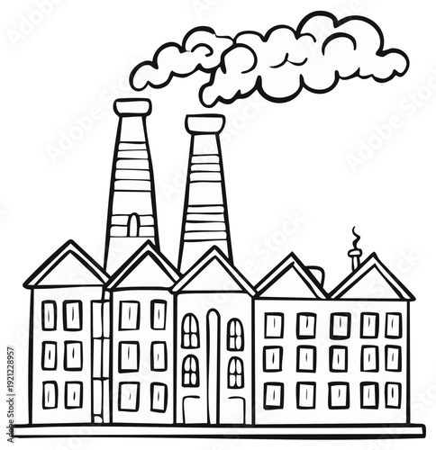 Industrial factory building with smokestacks emitting pollution cartoon illustration