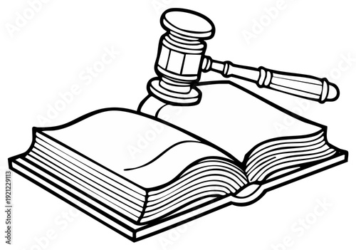 Gavel on Open Book Illustration Line Art for Legal or Justice Concepts