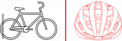 Vector illustration of cycling equipment: a black outline of a bicycle on the left and a detailed red cycling helmet on the right, separated by a vertical red line.