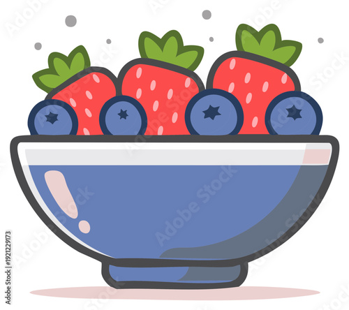 Vibrant cartoon illustration of a fresh fruit bowl filled with ripe red strawberries and plump blue blueberries for a healthy snack