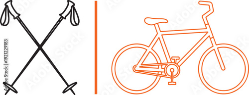 Vector illustration of crossed black trekking poles on the left and an orange-outlined bicycle on the right, separated by a vertical orange line. Clean, minimalist outdoor recreation design.