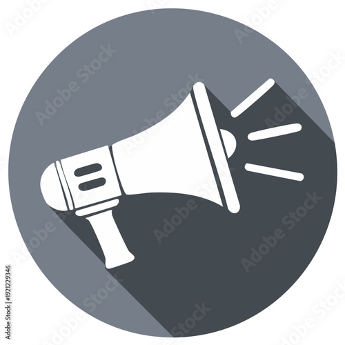 White megaphone icon with sound waves emanating from bell against gray circular background with shadow