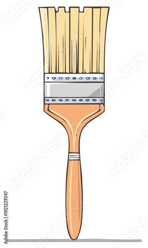 Flat paintbrush with tan handle and bristles on a gray surface