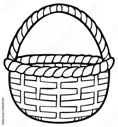 Black and white illustration of an empty woven basket with a handle for carrying items.