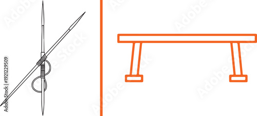 Vector graphic featuring thin crossed needles on the left and an orange-outlined gymnastics balance beam on the right, separated by a vertical orange line. Clean, minimalist sport and hobby art.