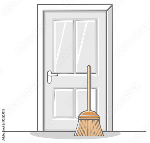 Cleaning broom standing upright against a white closed door simple cartoon illustration