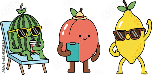 Vector set of cute cartoon fruit characters including a watermelon relaxing in a sun lounger peach with clipboard and lemon with sunglasses for summer design.