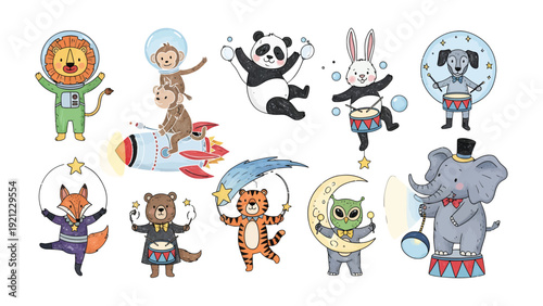 Whimsical Animal Circus : A delightful illustration showcasing a collection of whimsical animals, each adorned in charming outfits and engaging in circus acts, exuding joy and playfulness.