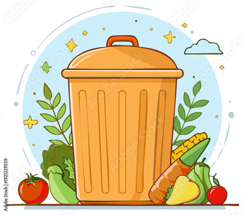 Orange compost bin with fresh organic vegetables and fruits for waste management illustration