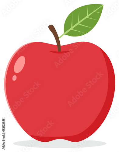 Simple Cartoon Red Apple Illustration with Green Leaf and Stem