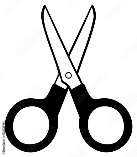 Simple black outlined scissors with circular handles open and ready for cutting