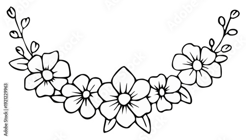 Hand Drawn Floral Arrangement Semicircle Line Art Flower Border for Invitation Design