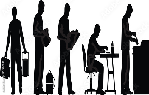 Silhouettes of business professionals in various office settings and actions