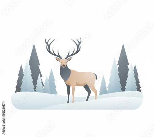 Majestic Stag with Antlers Standing in Snowy Forest Landscape with Pine Trees