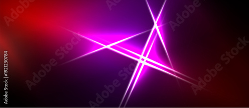 Abstract background features vibrant pink, purple gradients. Bright lines intersect creating dynamic light effect. Dark borders frame composition.