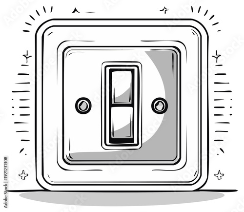 Illustration of an electrical light switch in the off position installed on a wall plate with lighting rays around the perimeter
