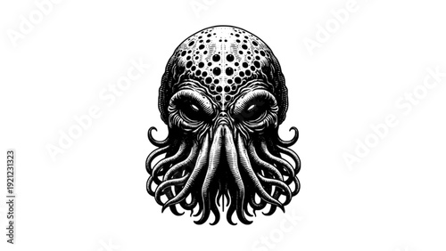 Mythical sea monster octopus creature head illustration