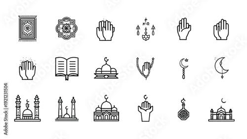 Islamic Ramadan Prayer and Worship Outline Icon Collection with Editable Stroke Spiritual Symbol Set