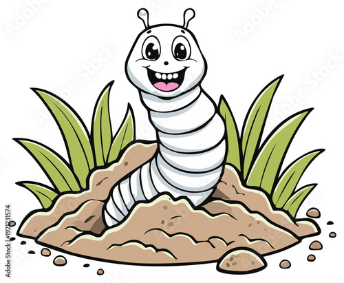 Cheerful cartoon worm emerging happily from brown earth surrounded by green grass blades in a cute garden scene