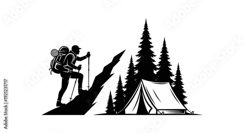hiker with backpack and poles climbing mountain path to forest campsite with pine trees ideal for outdoor adventure and nature exploration.