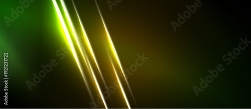 Abstract background features vibrant yellow lines over dark green, black gradients. Dynamic lighting creates modern visual effect.