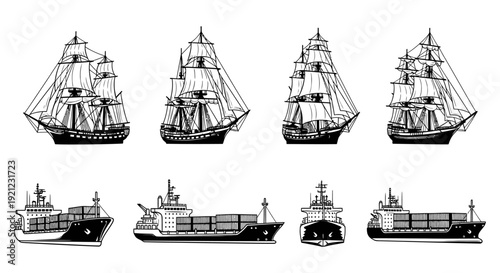 historical sailing ships and modern cargo vessels illustrating the comprehensive evolution of maritime transport and global trade.