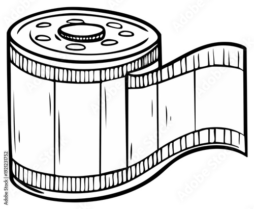 Old photographic film canister with exposed negative strip in hand drawn style