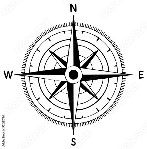 Black and white compass rose vector illustration, navigational element