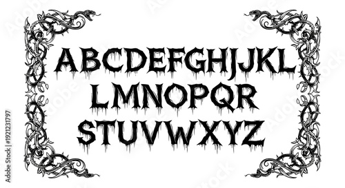 gothic dripping alphabet font framed by thorny vines and snakes ideal for halloween horror and heavy metal design projects.