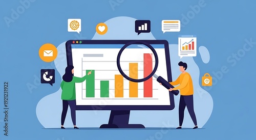 Analyzing Data with Magnifying Glass on Screen Displaying Bar Graph and Icons representing business growth and marketing strategy