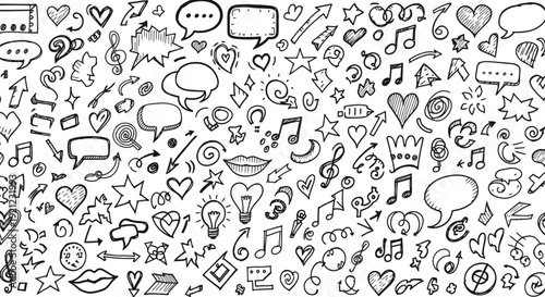 hand drawn doodle elements seamless pattern featuring speech bubbles hearts arrows musical notes creating a playful design texture.