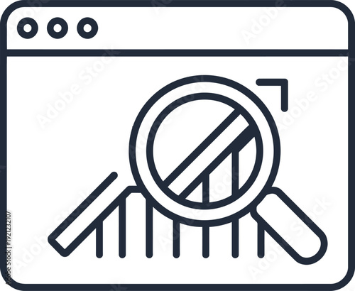 Website analytics icon, magnifying glass on graph, data analysis symbol, isolated on transparent background.