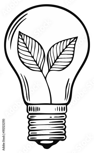 Hand drawn light bulb with growing plant symbolizing eco friendly energy and innovation