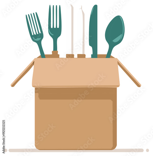 Cardboard box filled with blue plastic cutlery and utensils for takeout or delivery