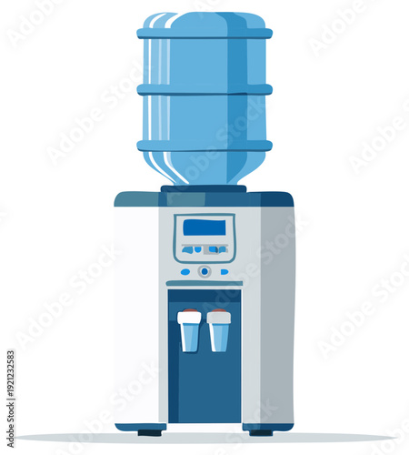Cartoon water cooler with full blue bottle dispenser.