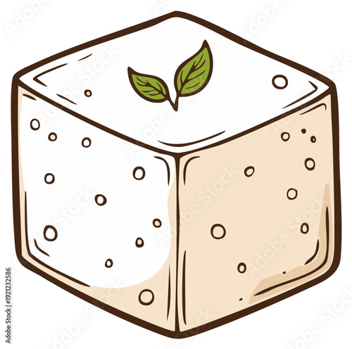 Simple illustration of a fresh healthy tofu cube garnished with two green leaves