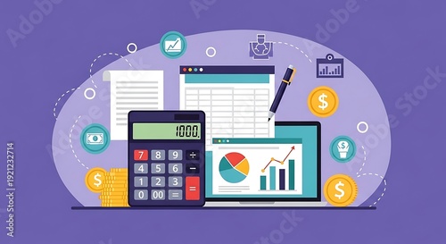 Accounting and financial analysis illustration with calculator, laptop, charts, and coins, representing business growth and financial planning