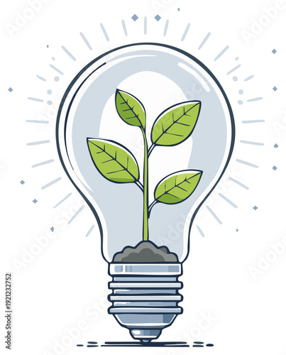 Green sprout growing inside a transparent light bulb symbolizing environmental ideas and innovation