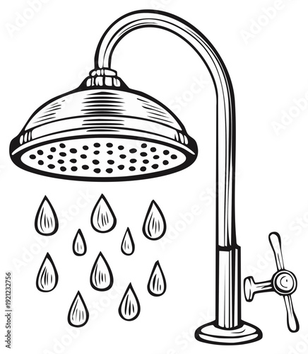 Vintage shower head with water droplets illustration