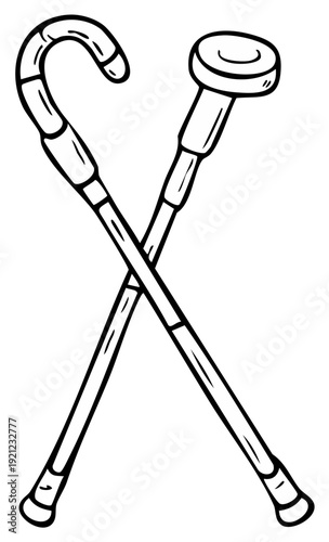Two crossed walking canes, one with a curved handle and one with a knob handle, line art