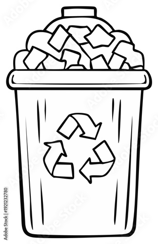 Recycling Bin Filled with Waste Paper Line Art Illustration