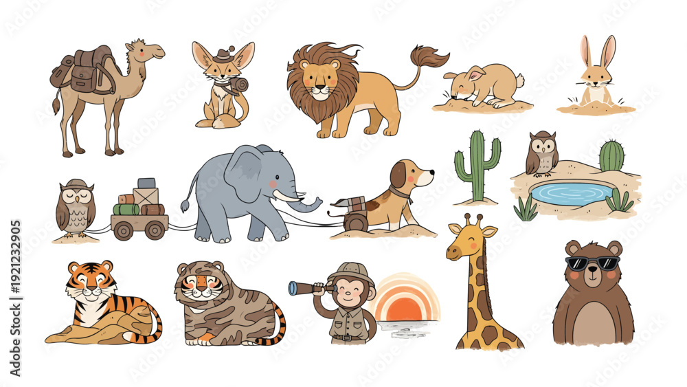 Fototapeta premium Zoo Animal Illustration: A whimsical collection of illustrated zoo animals in a vibrant and playful style. Ideal for children's books, educational materials, and playful designs.