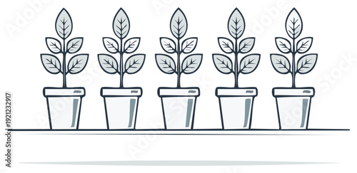 Line Art Illustration of Five Potted Plants on a Shelf