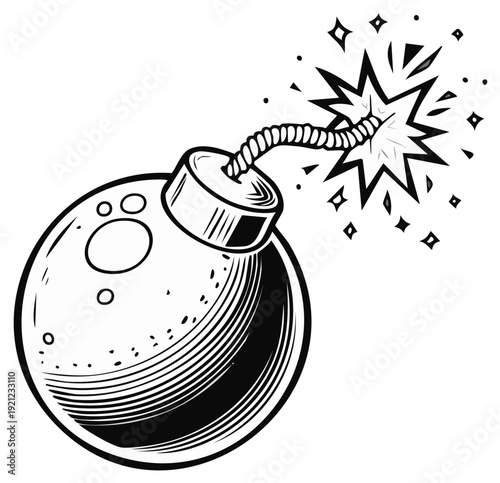 Classic Cartoon Bomb Illustration with a Burning Fuse and Sparking Explosion