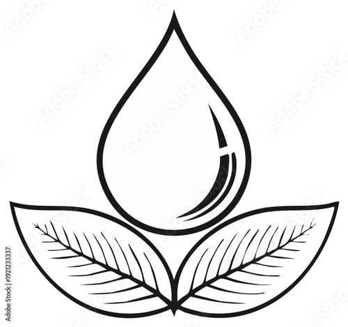 Water Drop Symbol Resting on Three Leaves Freshness Concept Vector Line Art